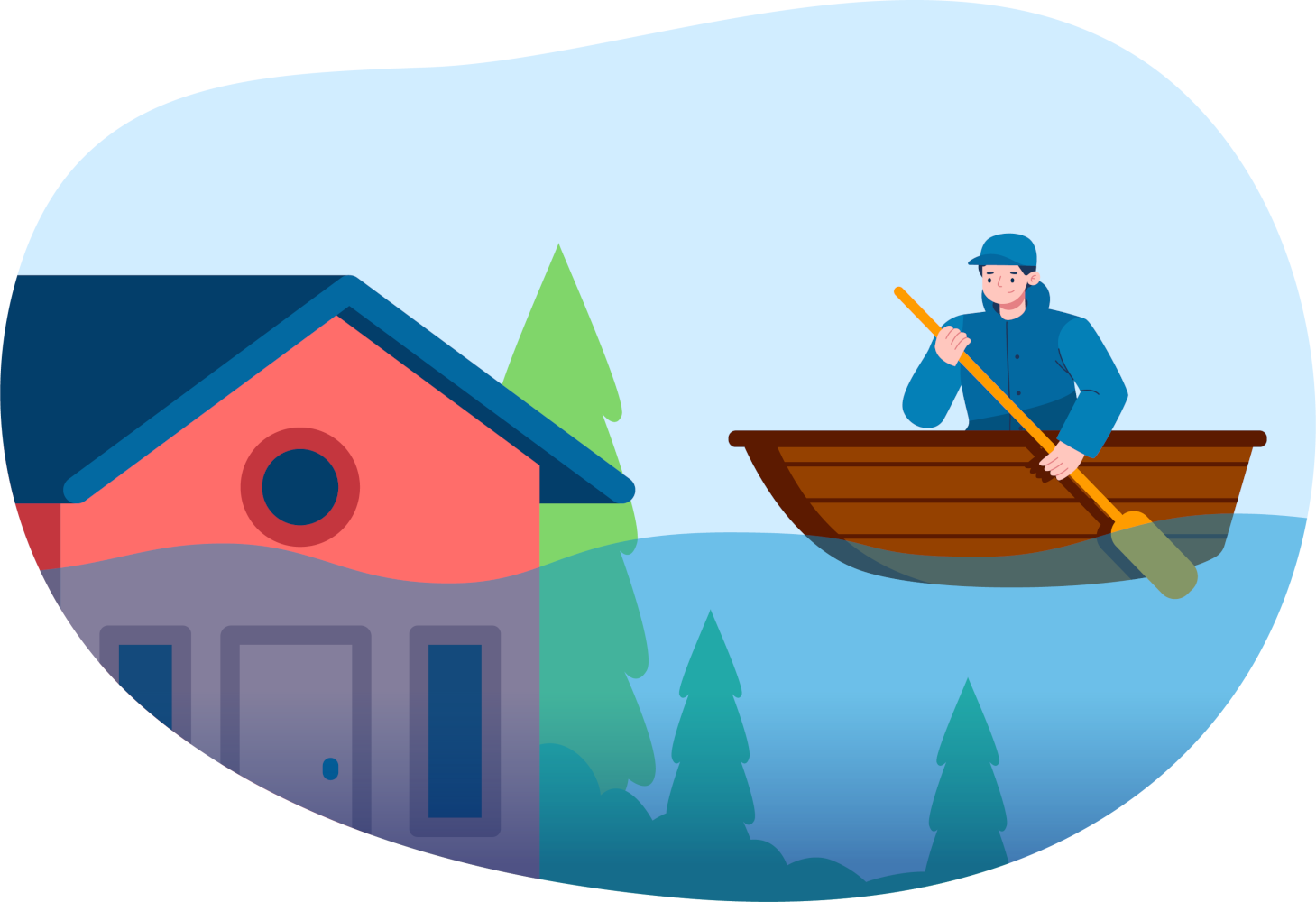 House under water, man in boat with paddle